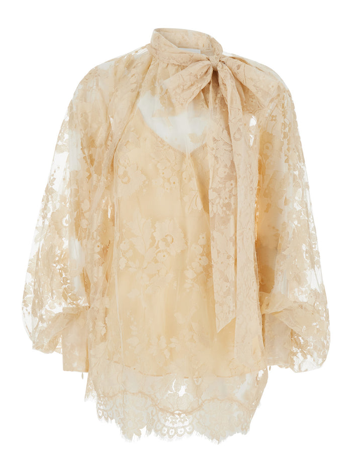 Beige Illustration Blouse With Lace Overlay Cotton Blend Woman Nylon Shirts And Blouses