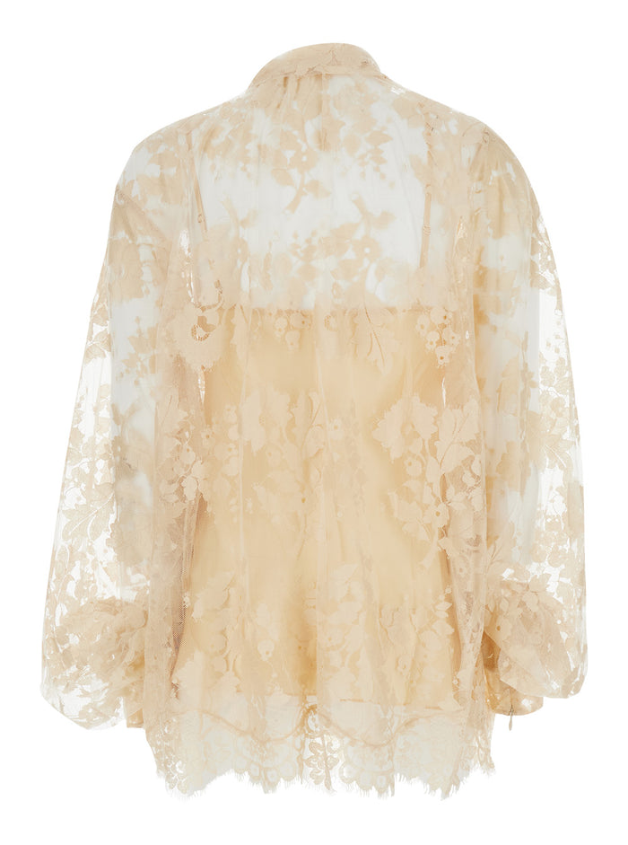 Beige Illustration Blouse With Lace Overlay Cotton Blend Woman Nylon Shirts And Blouses