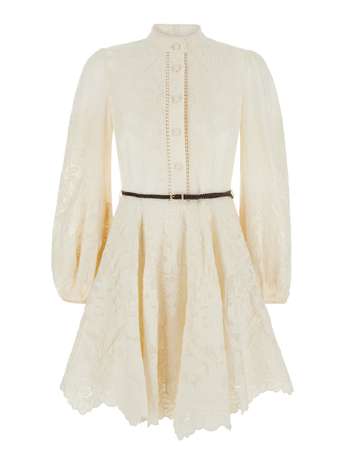 Mini Beige Dress With Embroidery And Contrasting Belt Linen Woman