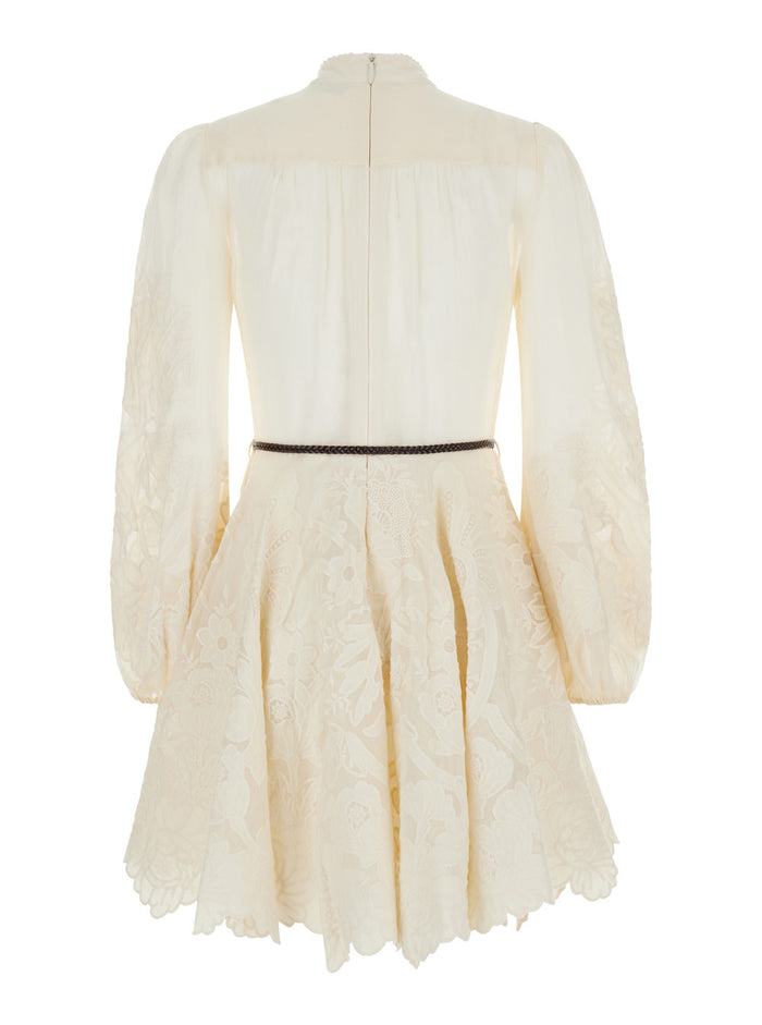 Mini Beige Dress With Embroidery And Contrasting Belt Linen Woman