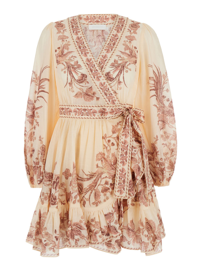 Waverly Beige Wrap Mini Skirt With Floreal Print Cotton Woman Dress