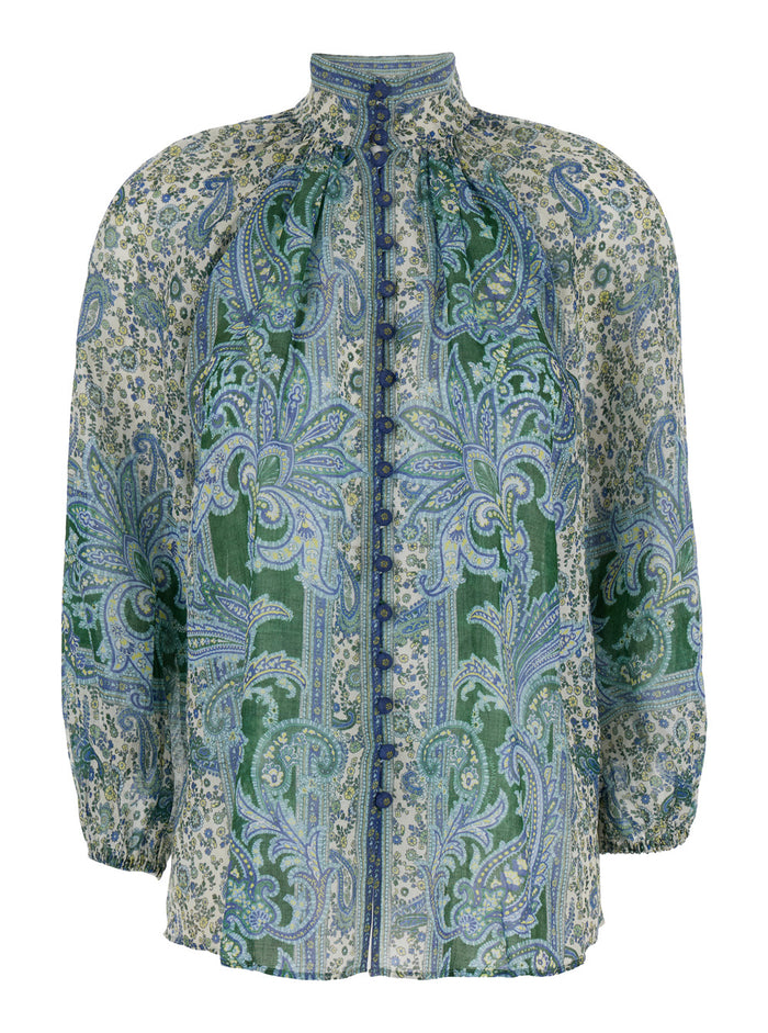 Multicolor Blouse With Embroidery And Puffed Sleeves Eco Silk Woman Ramie Shirts Blouses