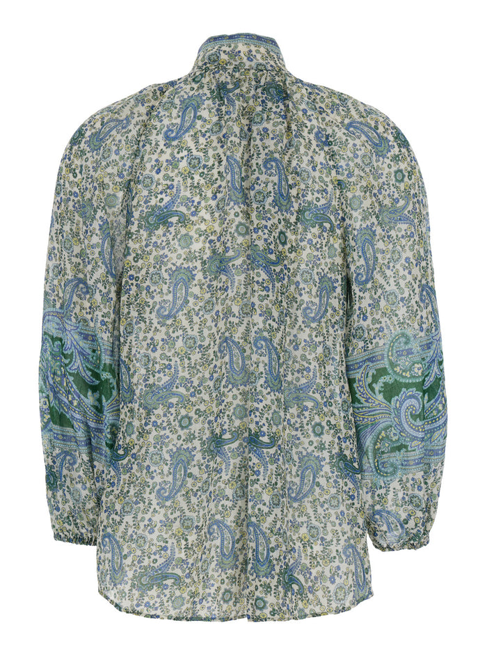 Multicolor Blouse With Embroidery And Puffed Sleeves Eco Silk Woman Ramie Shirts Blouses