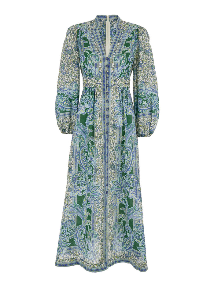Multicolor Long Dress With Floral Print Linen Woman