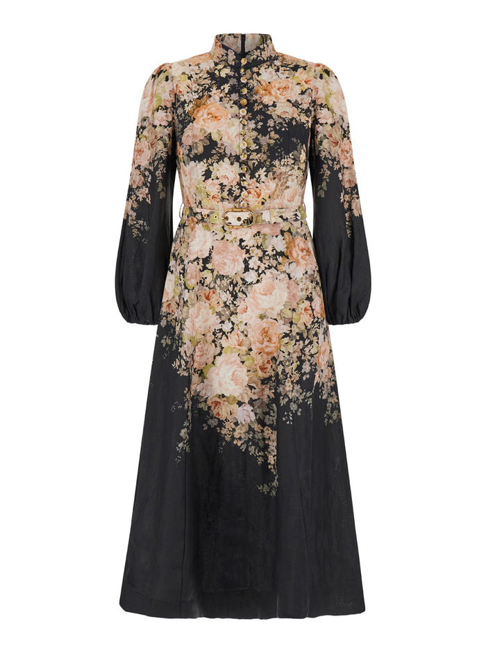 Black Midi Illustration Dress With All-Over Floral Print Linen Woman
