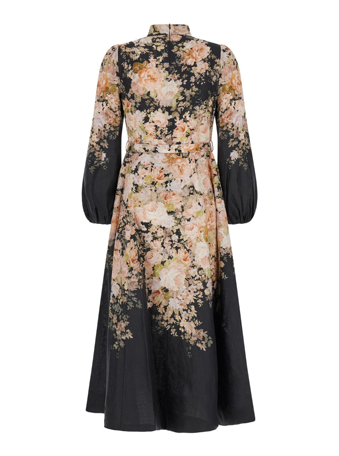 Black Midi Illustration Dress With All-Over Floral Print Linen Woman