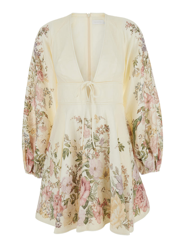 Waverly Beige Mini Dress With Floreal Print Linen Woman