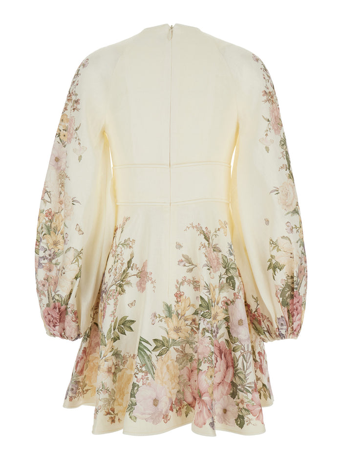 Waverly Beige Mini Dress With Floreal Print Linen Woman