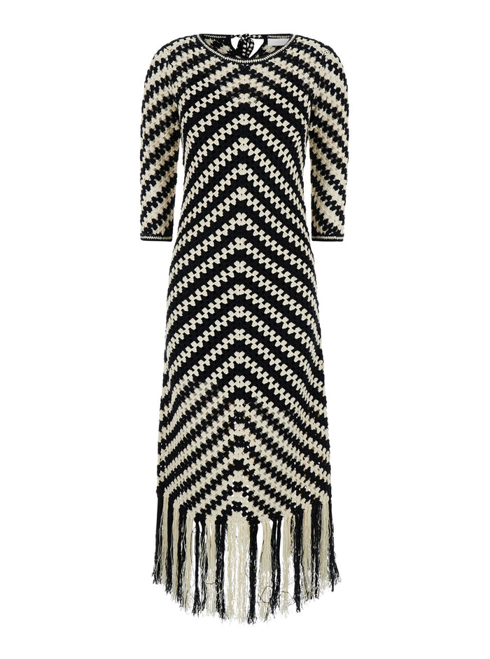 Midi Black And White Dress With Chevron Motif Crochet Woman White/black Cotton Long