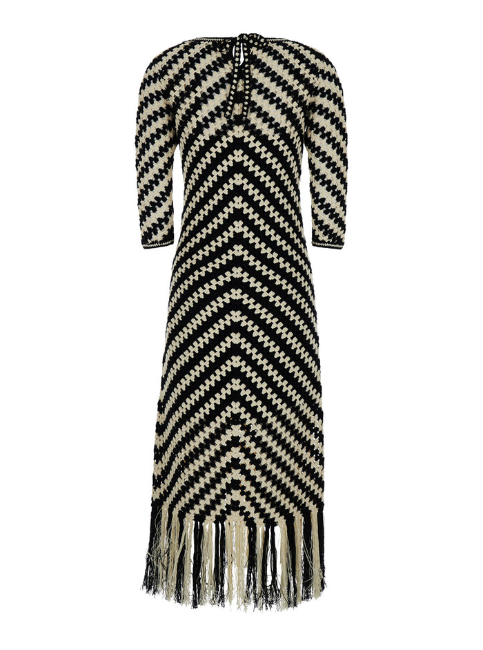 Midi Black And White Dress With Chevron Motif Crochet Woman White/black Cotton Long