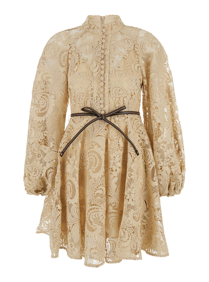 Mini Beige Dress With Belt And Embroideries Lace Woman Polyester