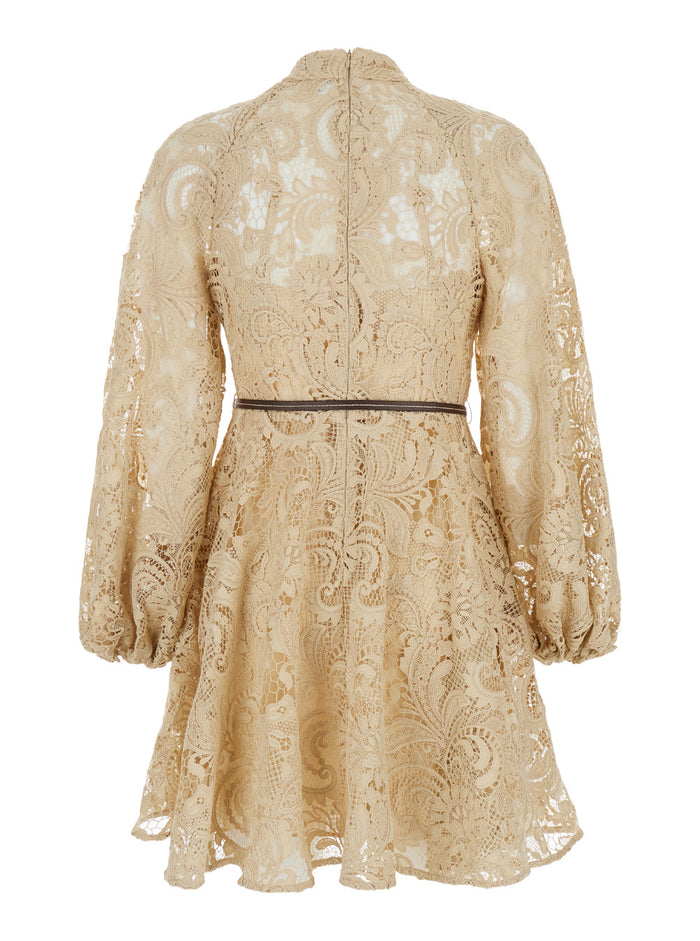 Mini Beige Dress With Belt And Embroideries Lace Woman Polyester
