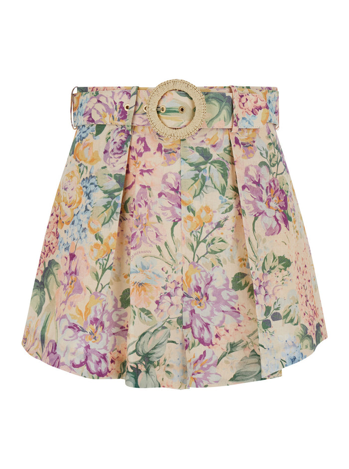 Multicolor Belted Shorts With All-Over Floreal Print Linen Woman Trousers