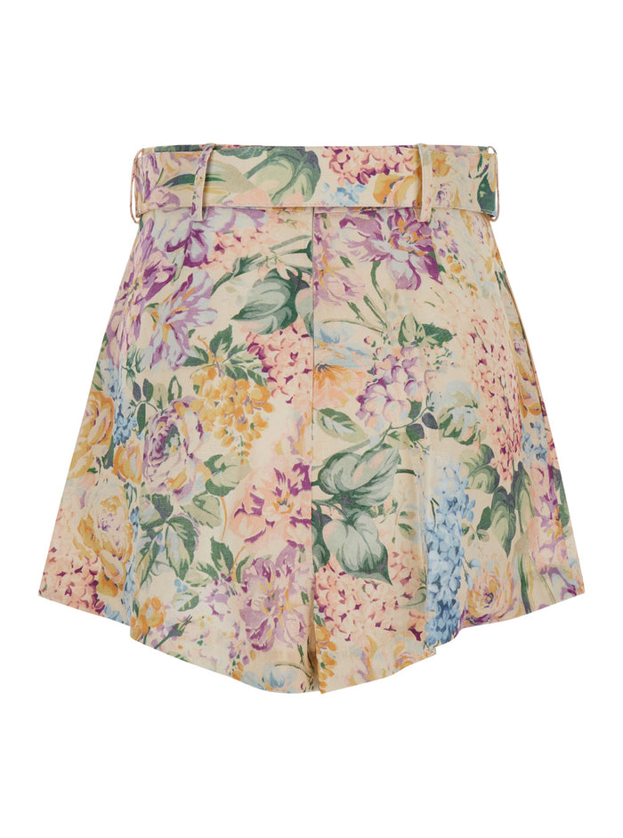 Multicolor Belted Shorts With All-Over Floreal Print Linen Woman Trousers