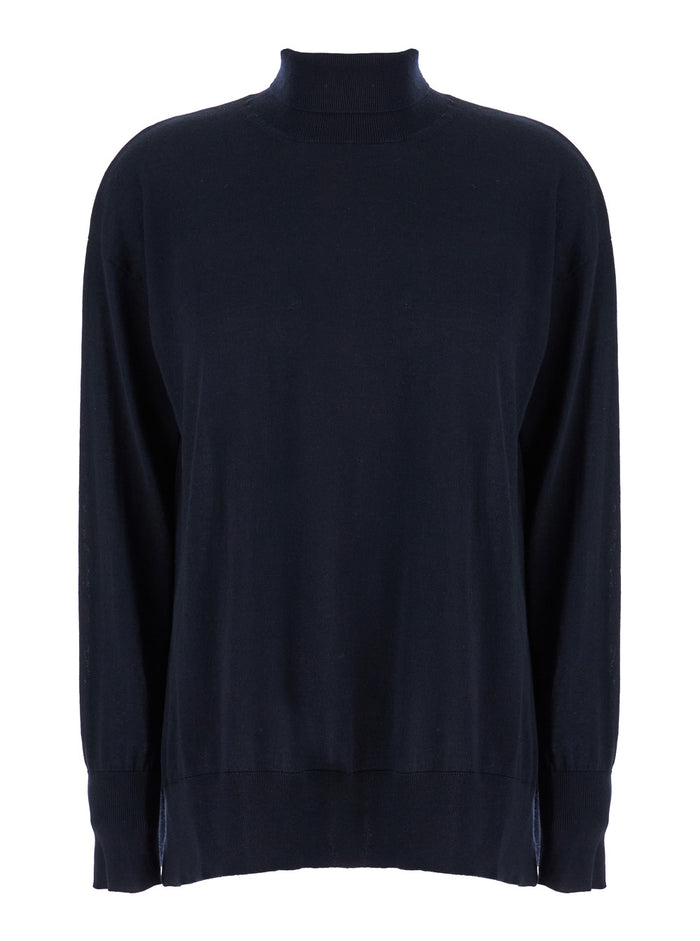 Blue High Neck Sweater in Wool Woman Blu Virgin Jersey