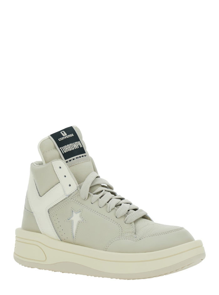Turbowpn White And Grey High-Top Sneakers With Logo Detail Oversize Tongue Leather Unisex Cow