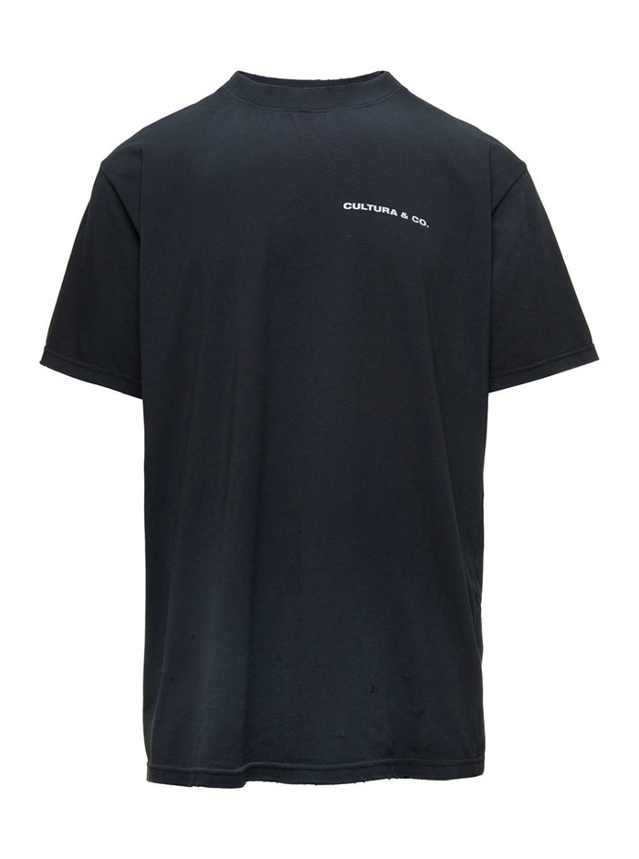 Black Crewneck T-Shirt With Cultura & Co Print Jersey Man Tshirts And Polo Shirts