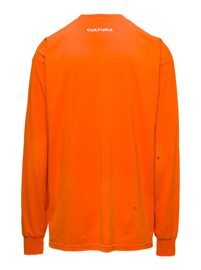 Orange Crewneck Sweatshirt with Contrasting CLTR Print in Jersey Man Sweatshirts