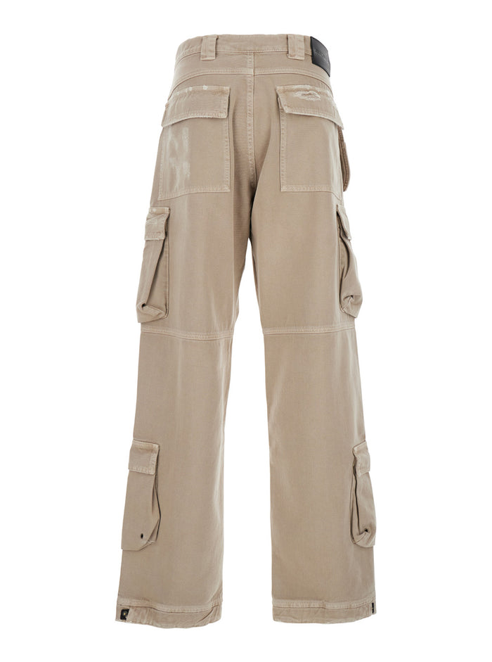 Beige Cargo Pants With Logo Patch Cotton Man Trousers