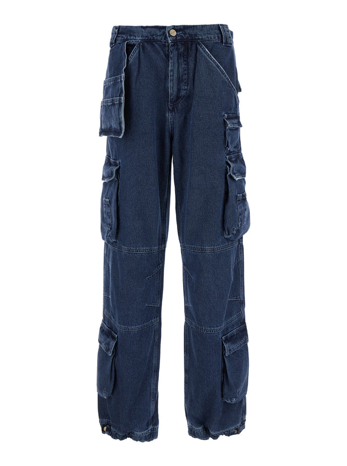 Blue Cargo Pants With Logo Patch Denim Man Blu Jean