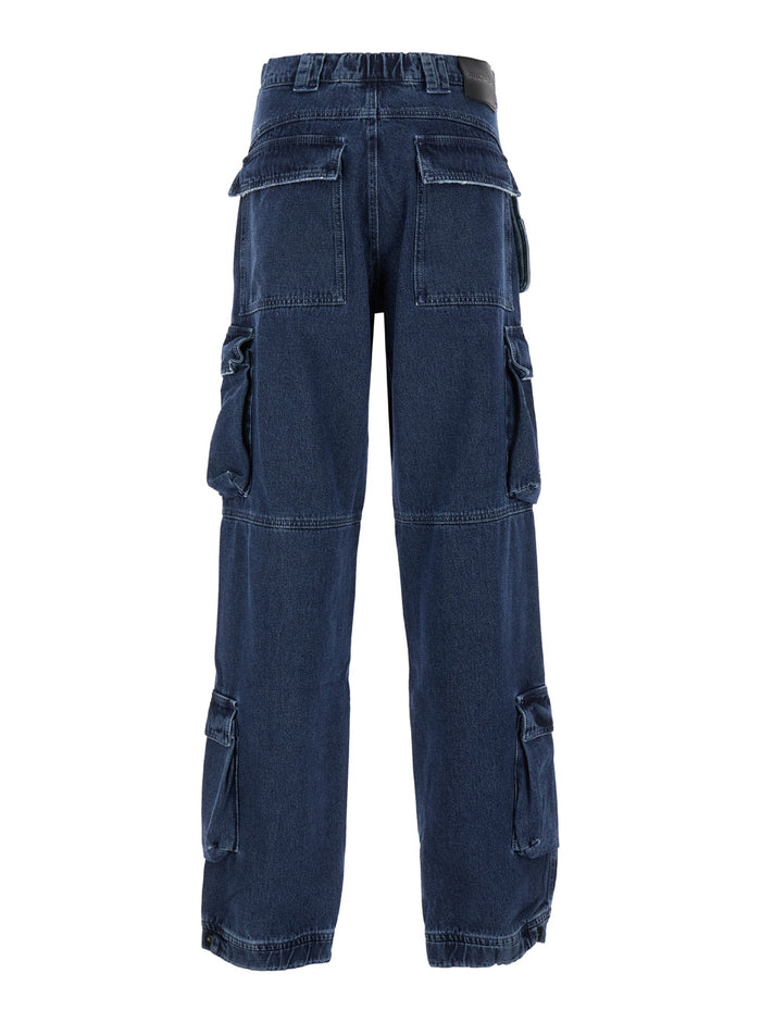 Blue Cargo Pants With Logo Patch Denim Man Blu Jean