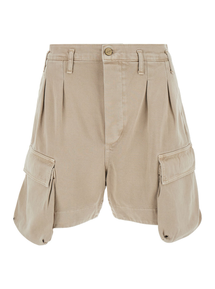 Beige Cargo Bermuda Shorts With Logo Patch Denim Man And