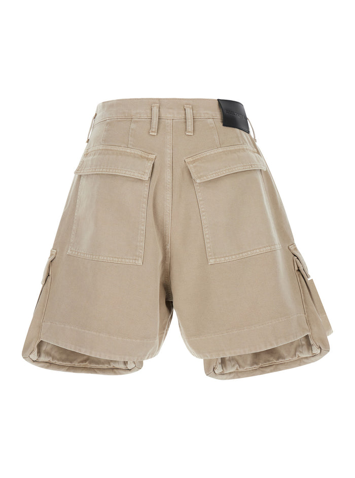 Beige Cargo Bermuda Shorts With Logo Patch Denim Man And