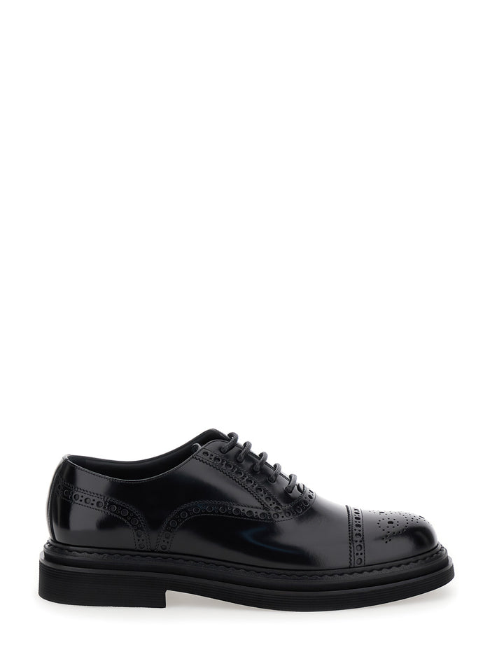 Black Oxfords With Brogue Detailing Leather Man Calf Lace Shoes