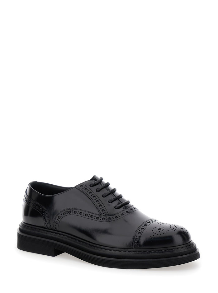 Black Oxfords With Brogue Detailing Leather Man Calf Lace Shoes
