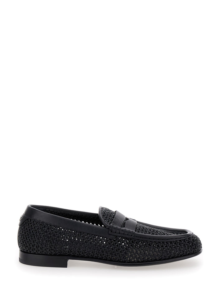 Black Slip-On Loafers Woven Rafia Man Viscose Calf