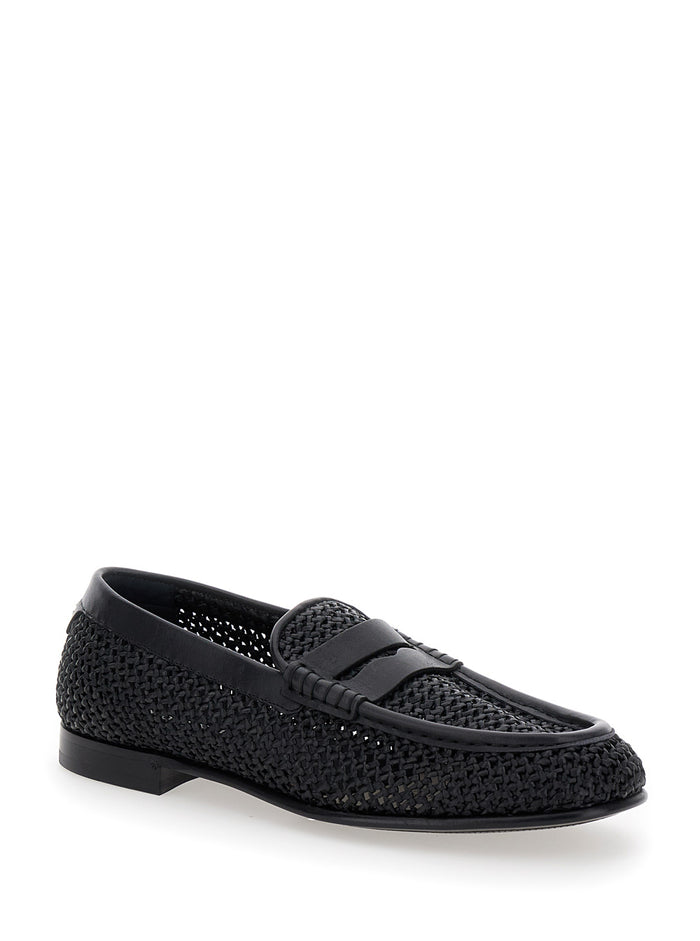 Black Slip-On Loafers Woven Rafia Man Viscose Calf