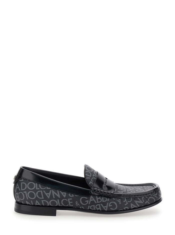City Black Loafers With All-Over Logo Cotton And Leather Man