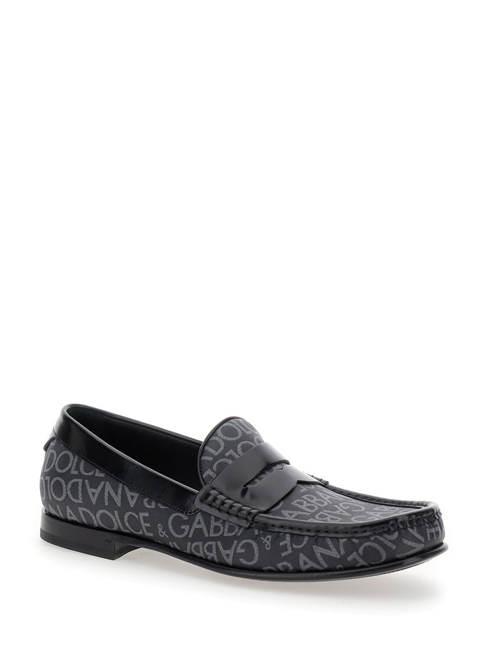 City Black Loafers With All-Over Logo Cotton And Leather Man