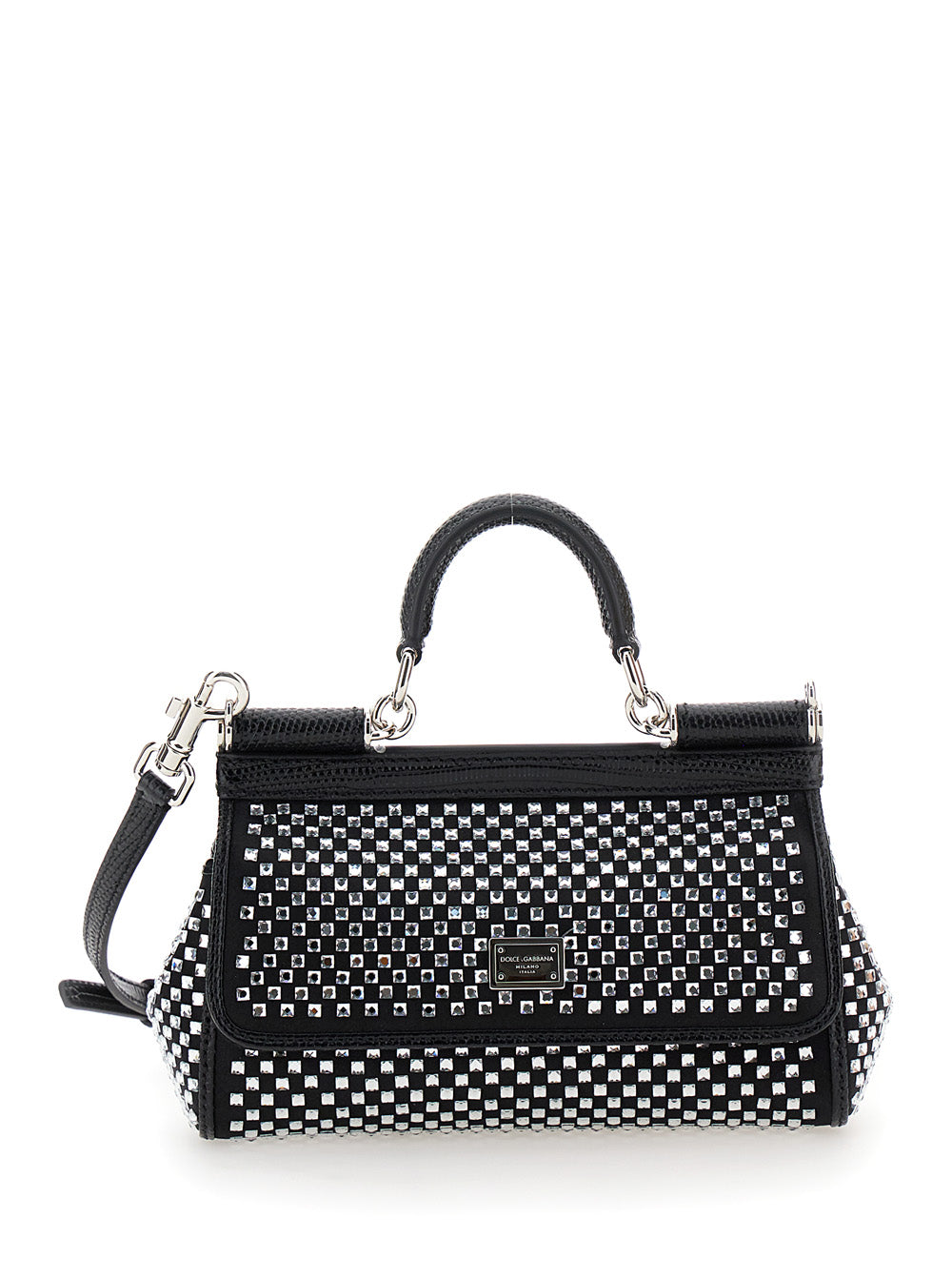 Sicily Black Handbag With All-Over Rhinestone Satin Blend Woman Viscose Silk Calf Hand Bags