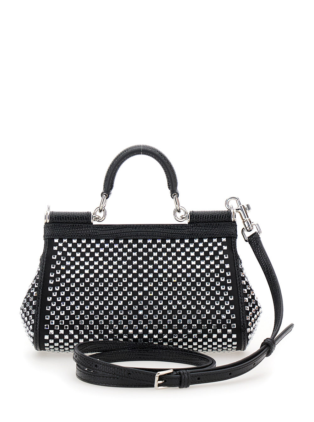 Sicily Black Handbag With All-Over Rhinestone Satin Blend Woman Viscose Silk Calf Hand Bags