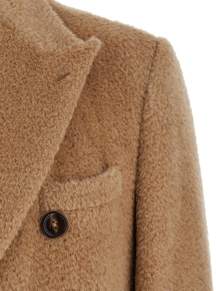 Beige Double-Breasted Coat with Peak Revers in Wool Blend Man Llama Virgin Polyamid Outerwear