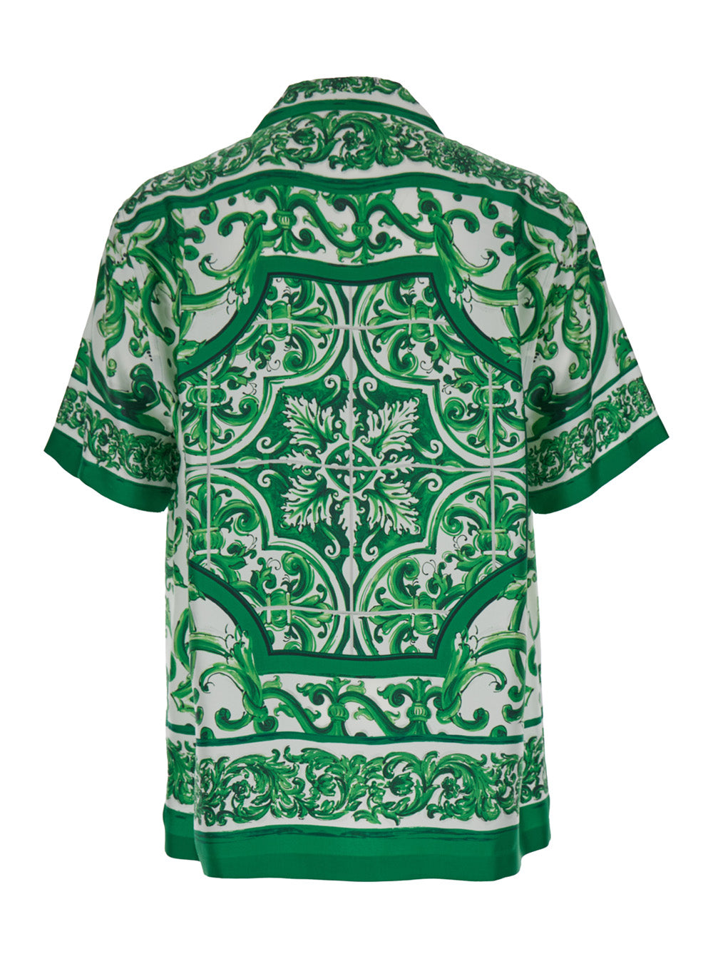Palermo Green And White Bowling Shirt With Majolica Print Silk Man Blouses