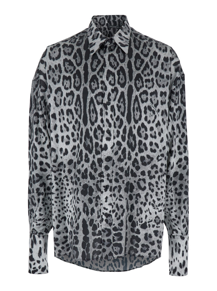 Grey Shirt with Leopard Print All-Over and Logo Lettering in Silk Man Blouses