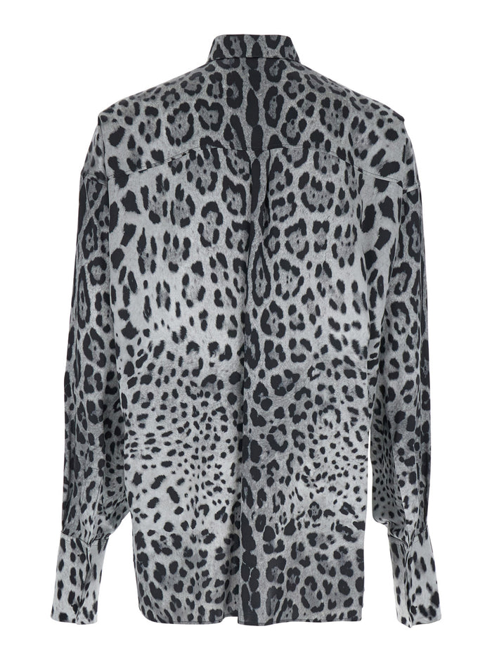 Grey Shirt with Leopard Print All-Over and Logo Lettering in Silk Man Blouses
