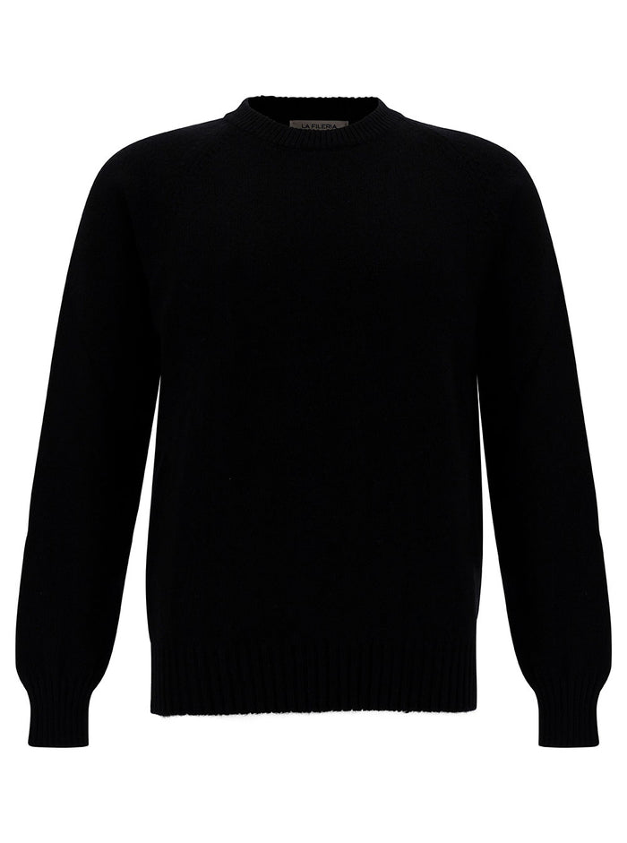 Black Crewneck Sweater with Ribbed Trims in Cashmere and Wool Man Kashmir Virgin Jersey