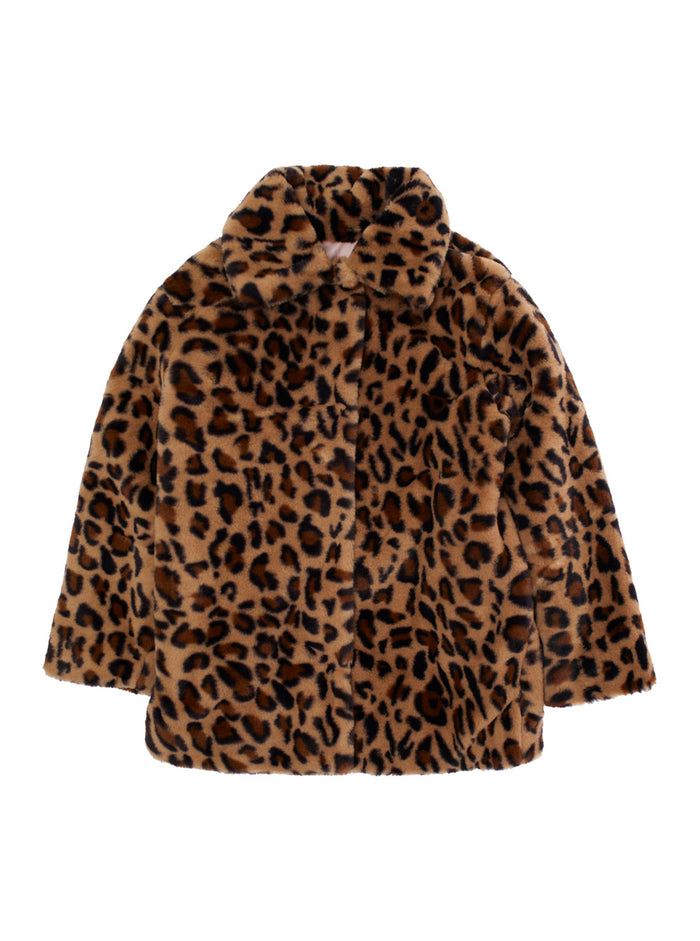 Brown Coat With All-Over Leopard Print Faux-Fur Girl Polyester