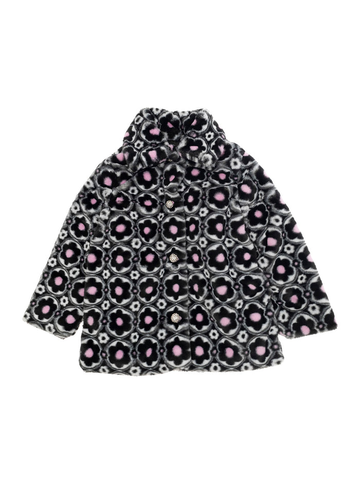 Black Coat With All-Over Floral Motif And Rhinestoned Buttons Ecofur Girl Polyester