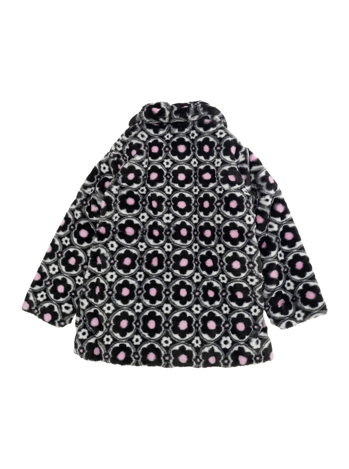 Black Coat With All-Over Floral Motif And Rhinestoned Buttons Ecofur Girl Polyester