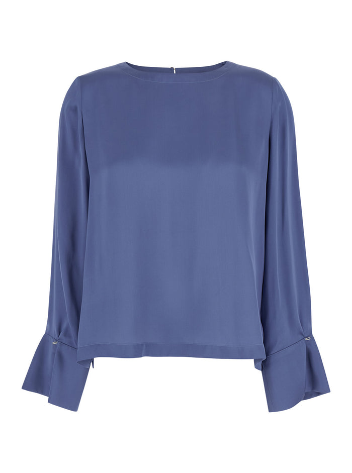 Kenta Blue Blouse With Wide Cuffs And Cut-Out On The Rear Silk Woman Blu Shirts Blouses
