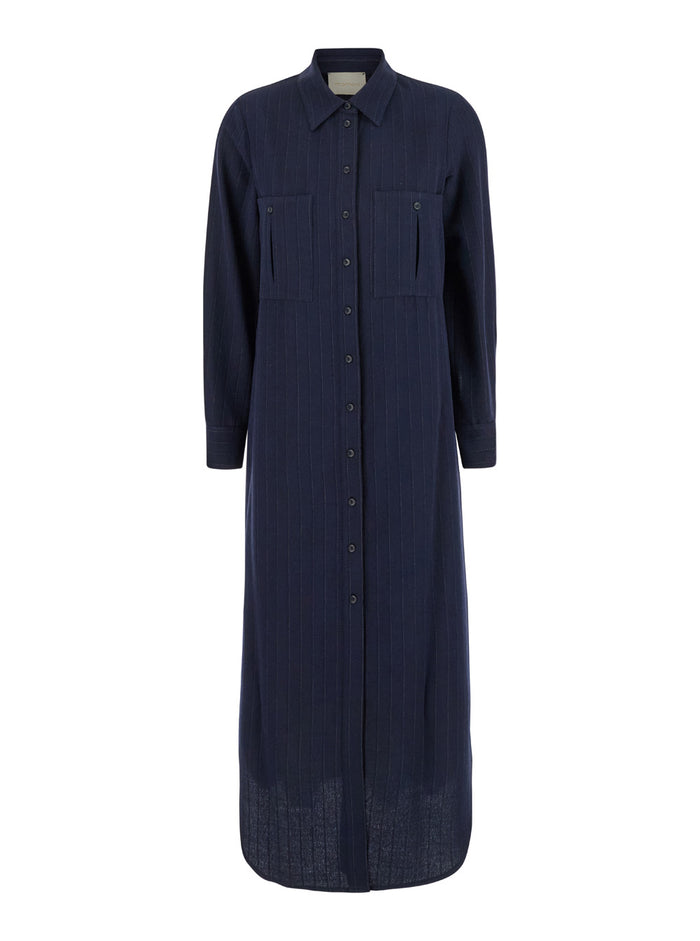 Hana Blue Midi Dress With Classic Collar And All-Over Striped Motif Wool Blend Woman Blu Viscose Virgin Long