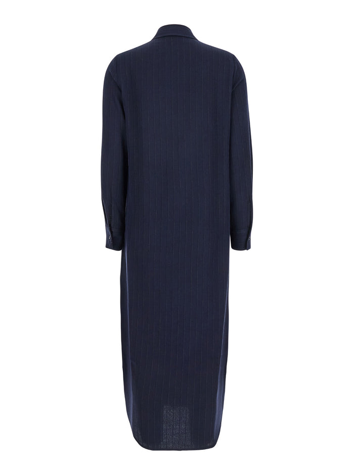 Hana Blue Midi Dress With Classic Collar And All-Over Striped Motif Wool Blend Woman Blu Viscose Virgin Long