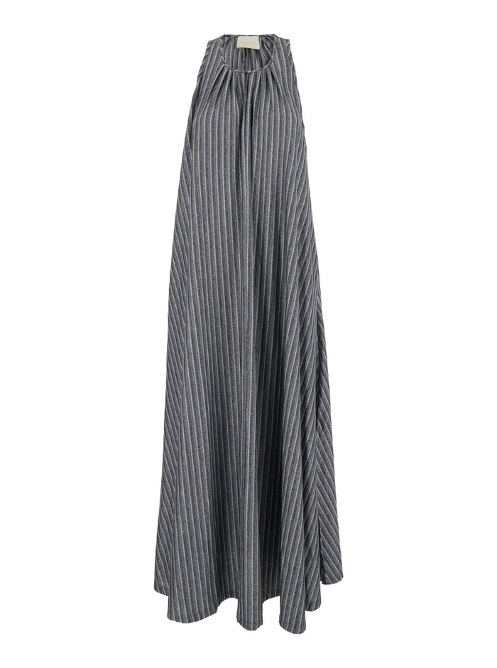 Cece Grey Long Dress With Striped Motif Tech Fabric Woman Metallic