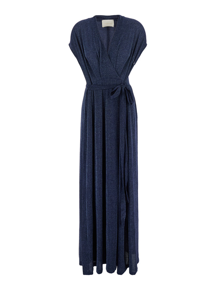Cotonaria Blue Long Dress With Waist Knot Tech Fabric Woman Blu