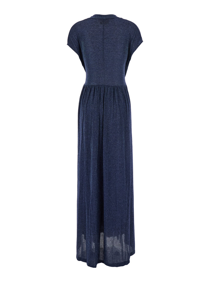 Cotonaria Blue Long Dress With Waist Knot Tech Fabric Woman Blu
