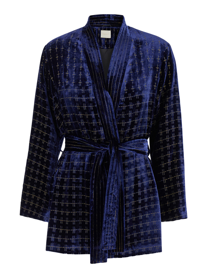 Eugenie Blue Jacket With V Neck And All-Over Check Motif Viscose Blend Woman Blu Silk Blazers